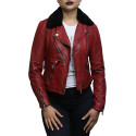 Womens Genuine Leather Biker Jacket Detachable Real Sheepskin Collar