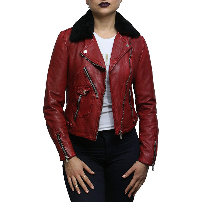 Womens Genuine Leather Biker Jacket Detachable Real Sheepskin Collar ...