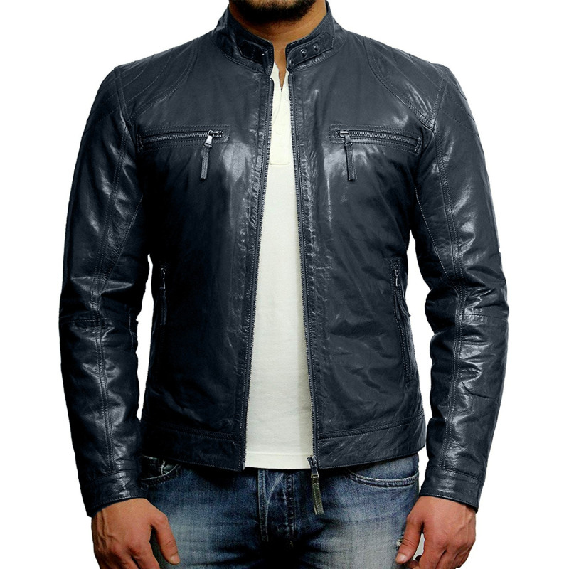 Men's Navy Stylish Lambskin Real Biker Leather Jacket
