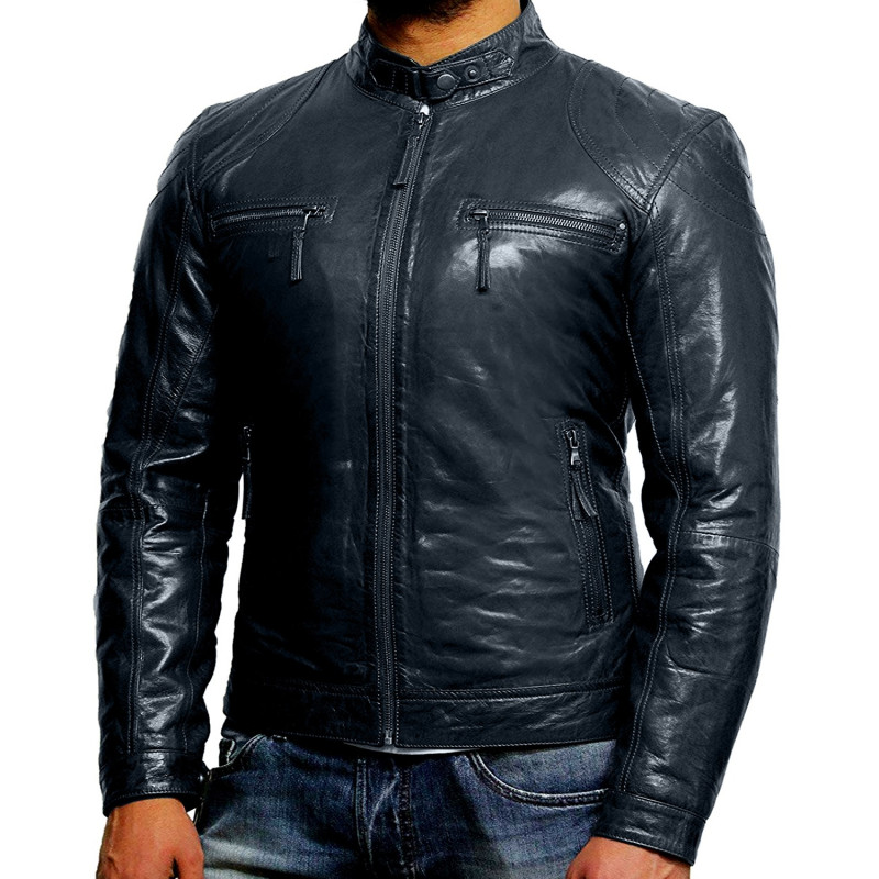 Men's Navy Stylish Lambskin Real Biker Leather Jacket