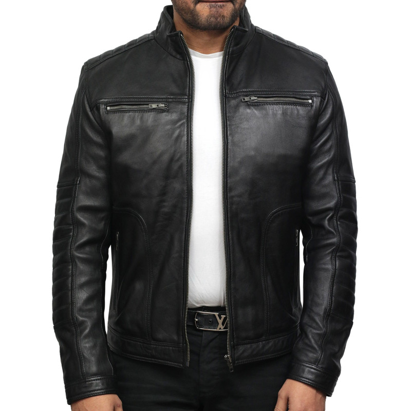 Men's Black Genuine Leather Biker Jacket - Brandslock