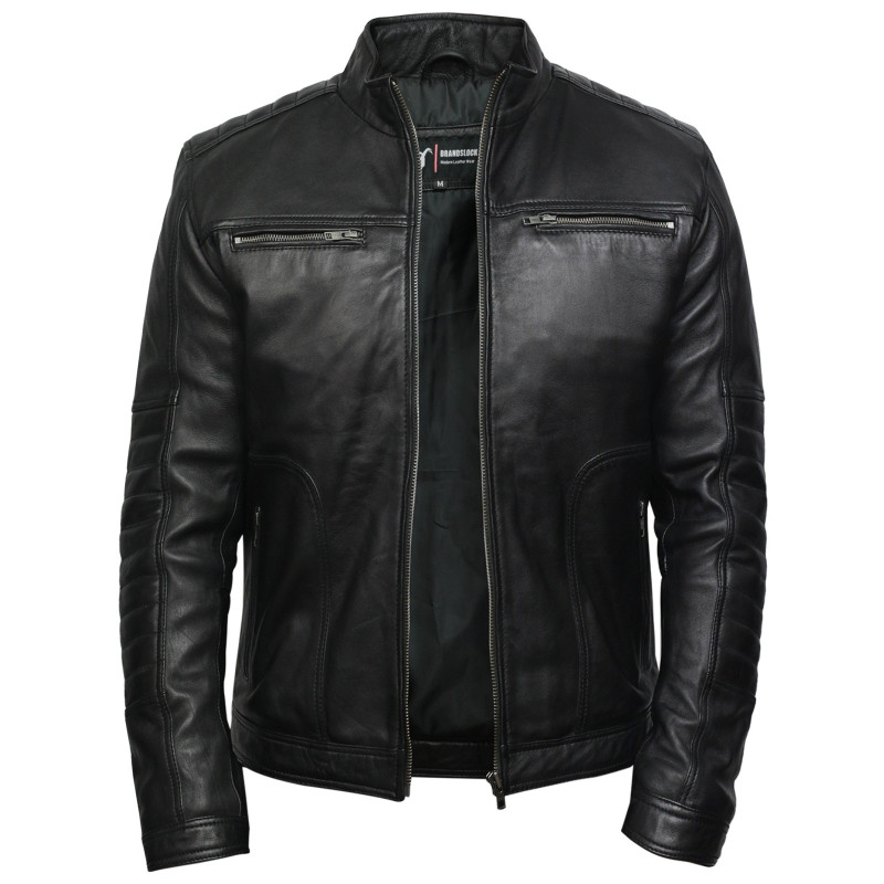 Men's Black Genuine Leather Biker Jacket - Brandslock