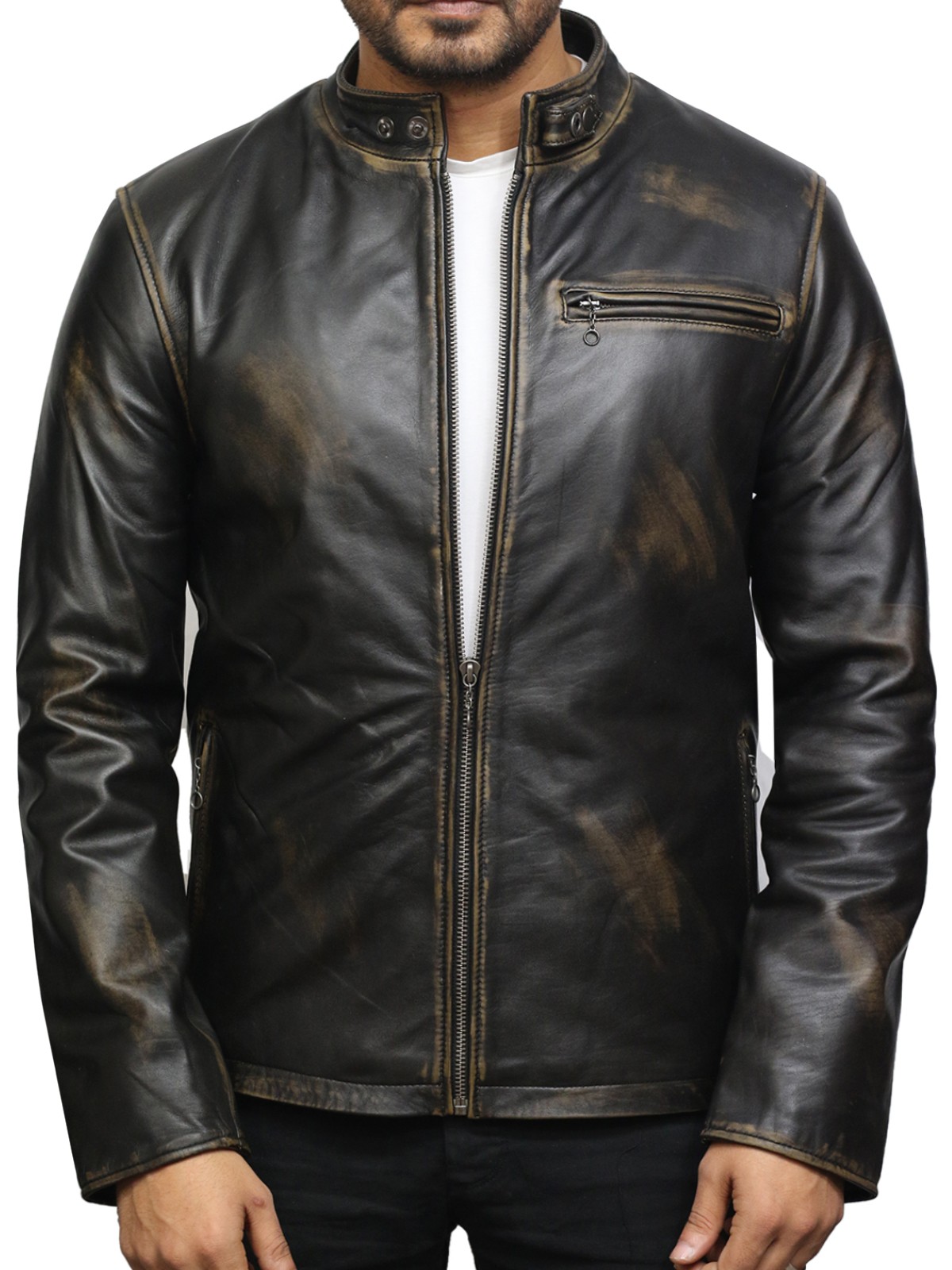 Brandslock Men Genuine Leather biker jacket VIntage Distressed Quilted Shoulders 