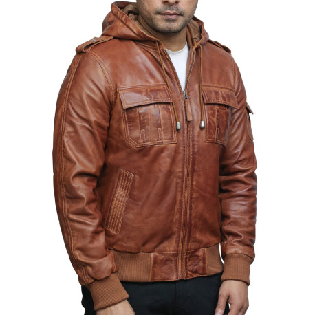 Men's Genuine Leather Biker Jacket With Hood - Tan