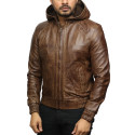 Mens Brown Leather Hooded Pilot Jacket 