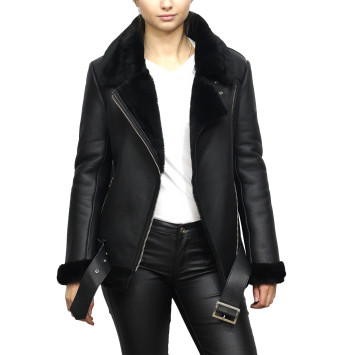 Women’s Black Shearling Sheepskin Pilot Aviator Fur-lined Leather jacket
