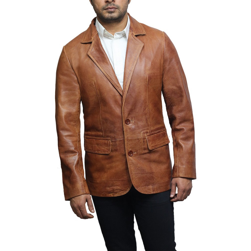 Men's Tan Leather Blazer Jacket - Nicolas - Brandslock