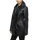 Women's Black Leather Parka Mid-Length Quilted Hooded Trench Coat