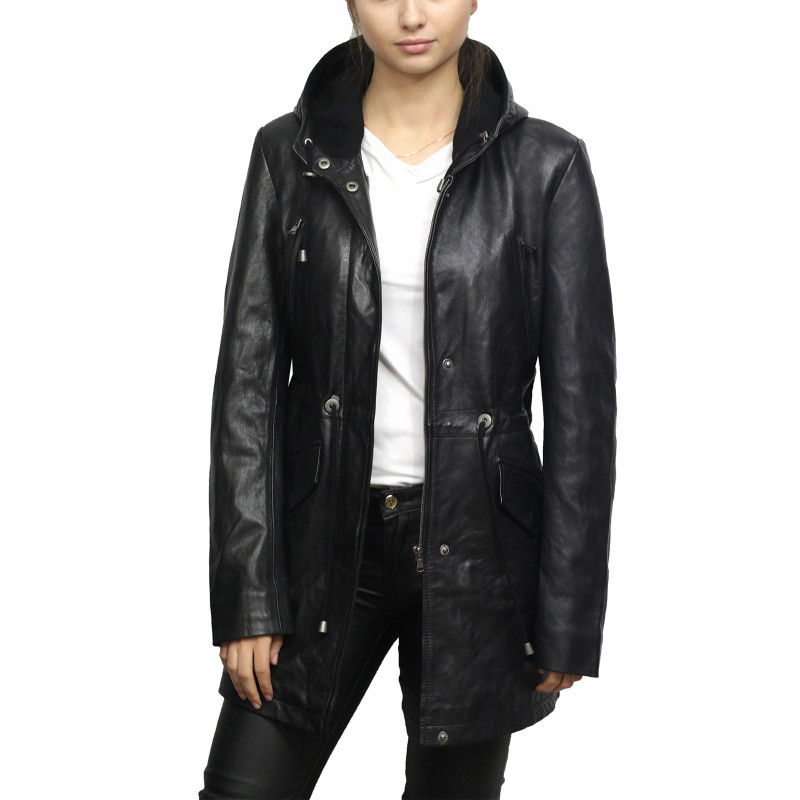 Women's Black Leather Parka Jacket Quilted Detachable Hooded Trench Coat 