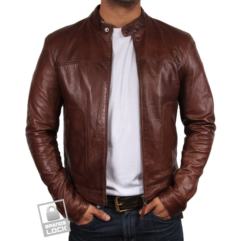 Men's Brown Leather Bomber Jacket - Mushy