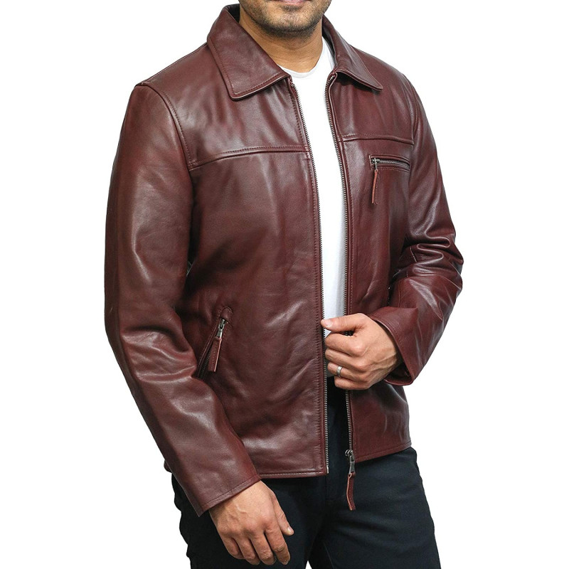 Mens Leather Jacket Vintage Burgundy Cowhide - Brandslock