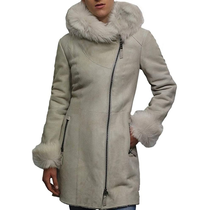 Women S White Suede Leather Sheepskin Hooded Long Coat