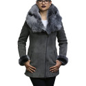 Women’s Grey Suede Leather Sheepskin Hooded long coat