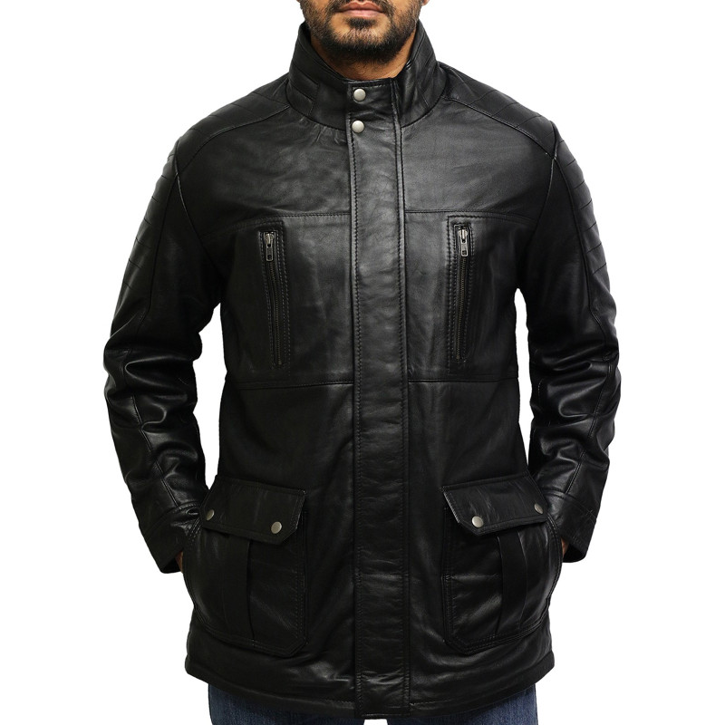 Men Mid Black Length Classic Leather Coat - Etsy