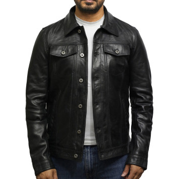 Men's Trucker Black Detachable Collar Jacket