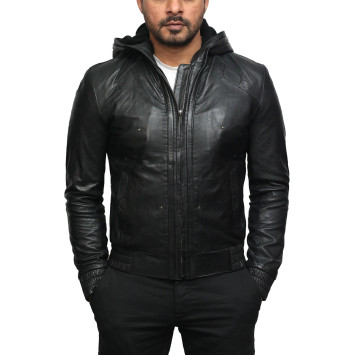 Leather Bomber Jacket Mens | Real Soft Lambskin Leather Hooded Jacket 