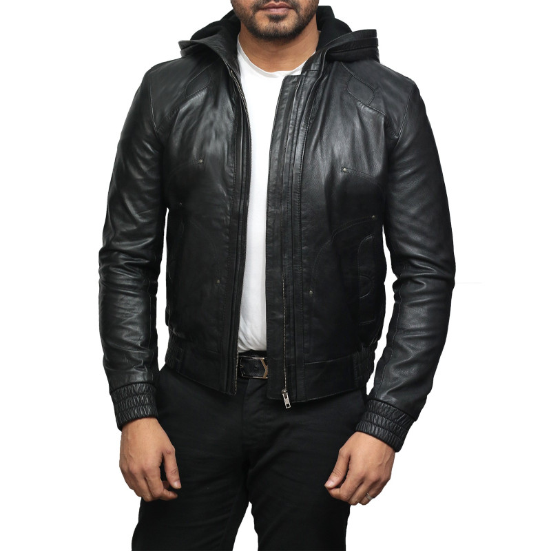 Leather Bomber Jacket Mens | Real Soft Lambskin Leather Hooded Jacket