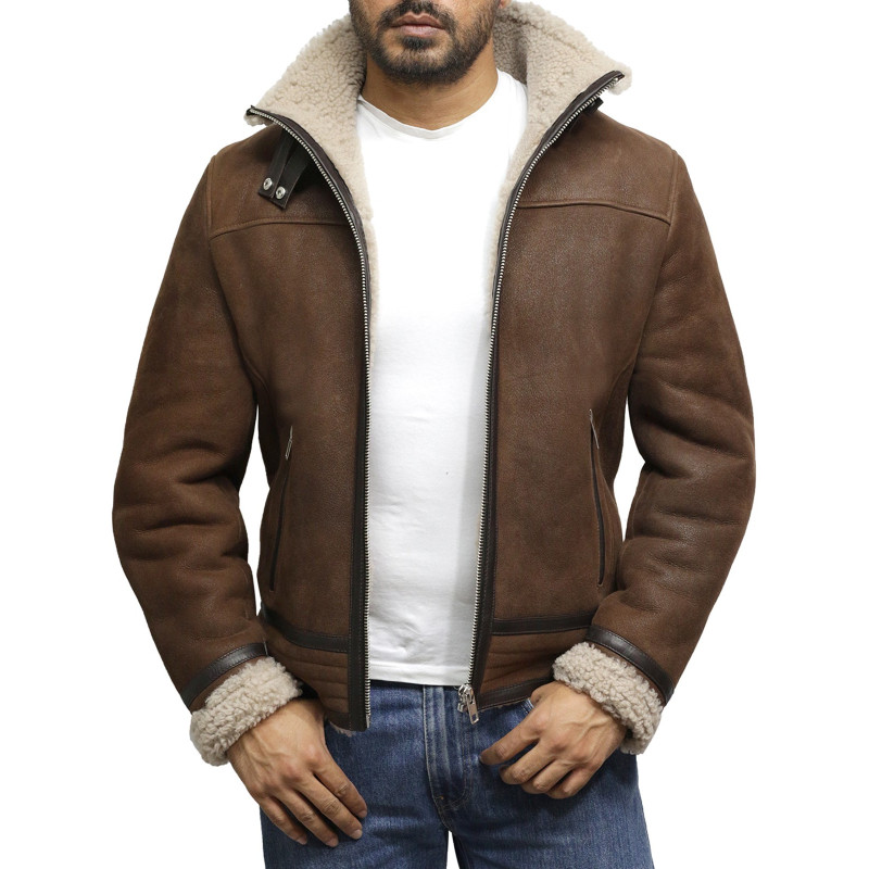 Men Genuine Shearling Sheepskin Spanish Merino Leather Jacket Vintage