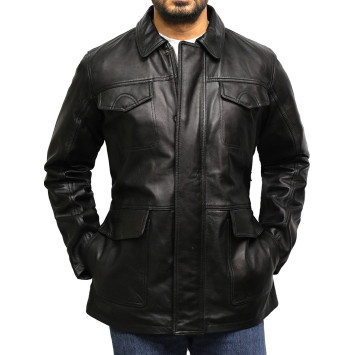Men's Black Leather Quilted Reefer Jacket