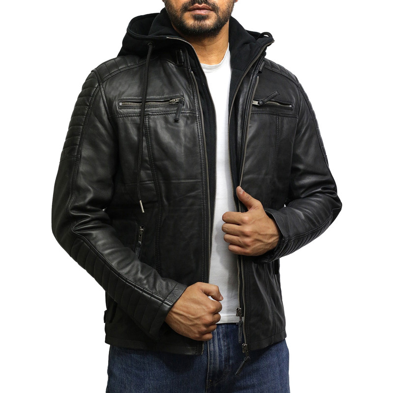 Men’s Black Genuine Leather Hooded Jacket