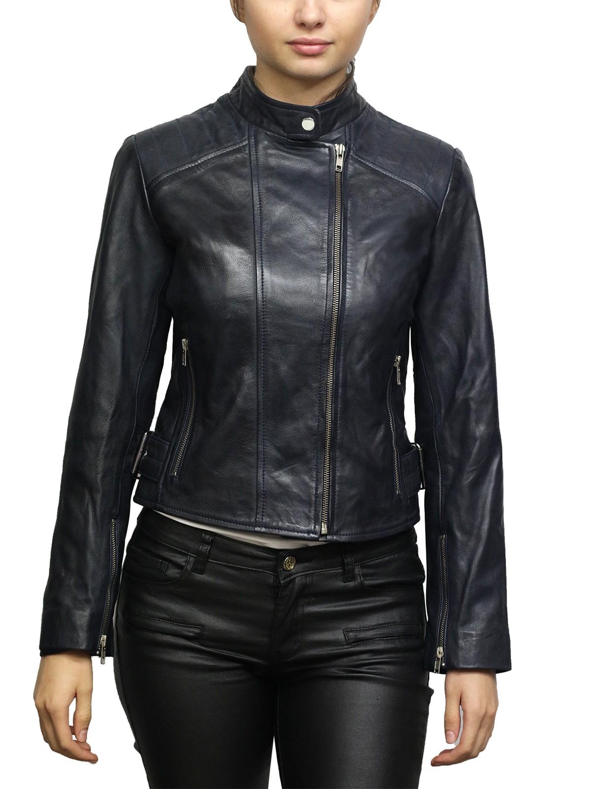 Women Croc Black Leather Biker Jacket - Ciara - Brandslock