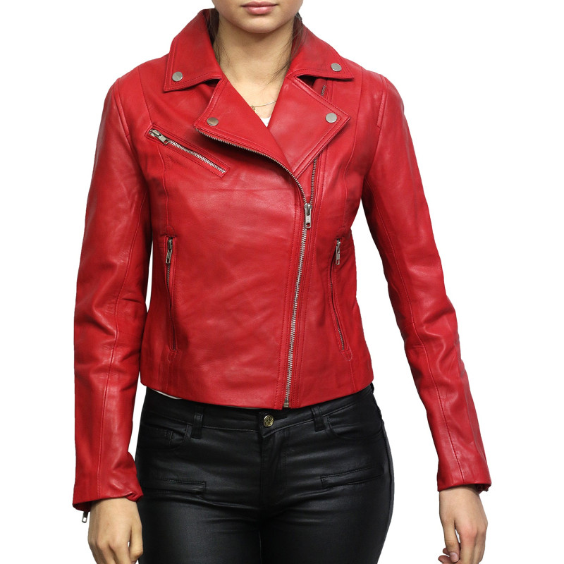 Women Red Leather Biker Jacket - Brandslock