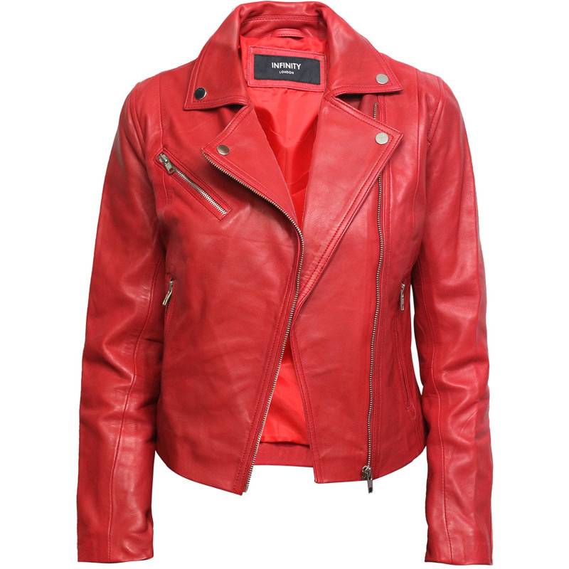 Women Red Leather Biker Jacket - Brandslock