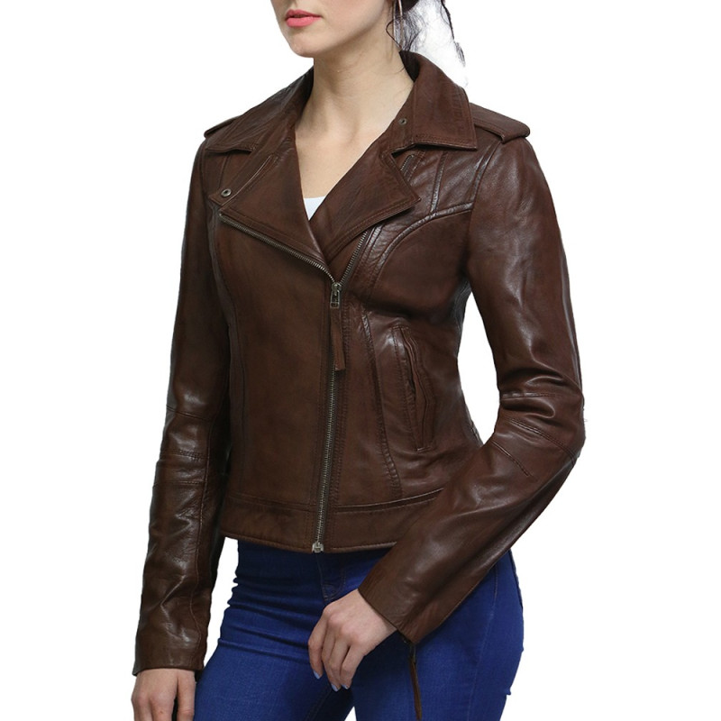 Women Brown Leather Biker Jacket -Haven - Brandslock