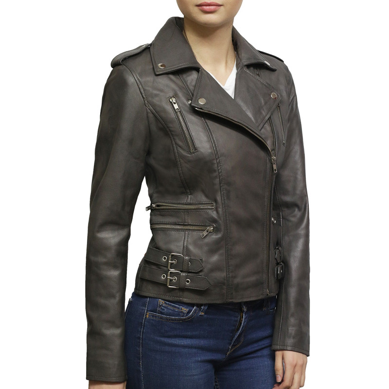 Women Nappa Leather Biker Jacket Grey Retro - Brandslock