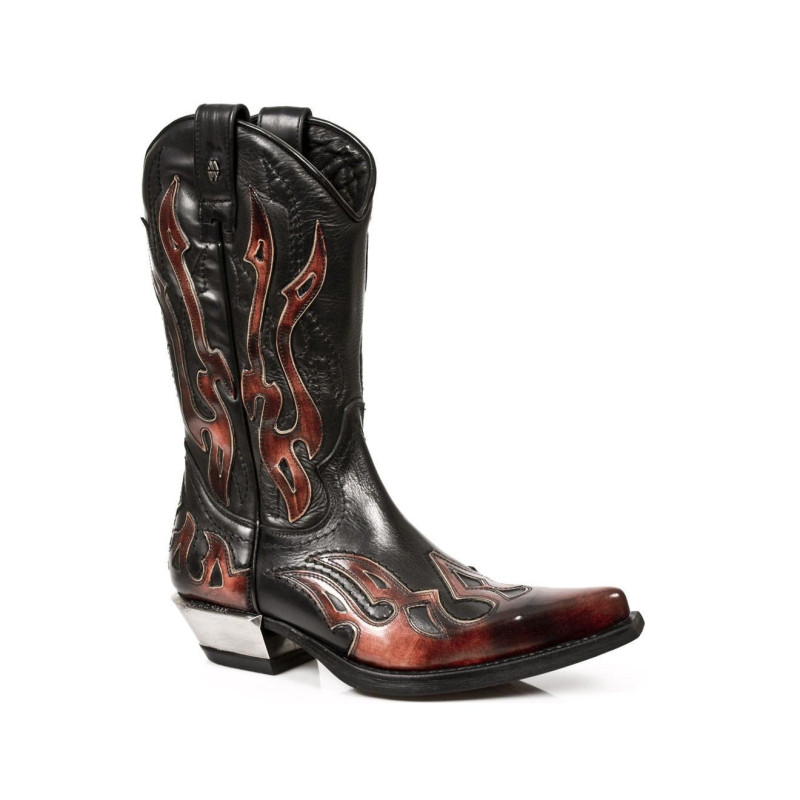 Newrock 7921-S2 New Rock Leather West Black Red Flame Cowboy Leather Boots