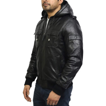 Men's Genuine Leather Biker Jacket With Hood - Tan