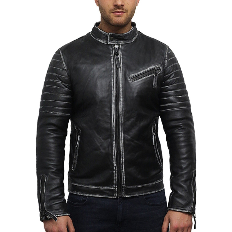 Men's Leather Jacket Black Distressed Leather Biker Jacket - Brandslock