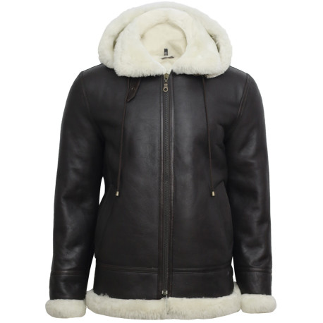 Men's Cream Hooded Aviator Real Shearling Sheepskin Leather Bomber Flying Jacket