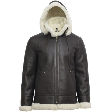 Men's Cream Hooded Aviator Real Shearling Sheepskin Leather Bomber Flying Jacket