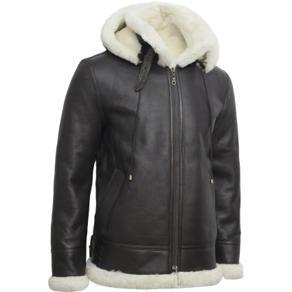 Men's Cream Hooded Aviator Real Shearling Sheepskin Leather Bomber Flying Jacket