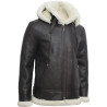 Men's Cream Hooded Aviator Real Shearling Sheepskin Leather Bomber Flying Jacket