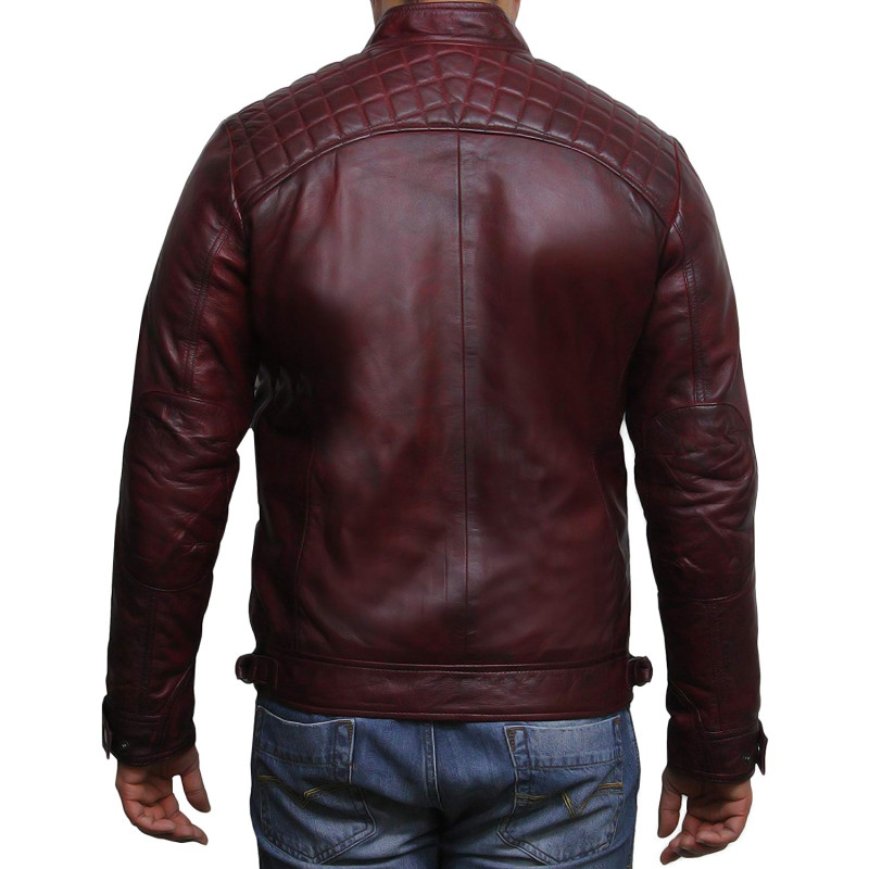 Brandslock Mens Genuine Leather Biker Jacket Burgundy Retro 