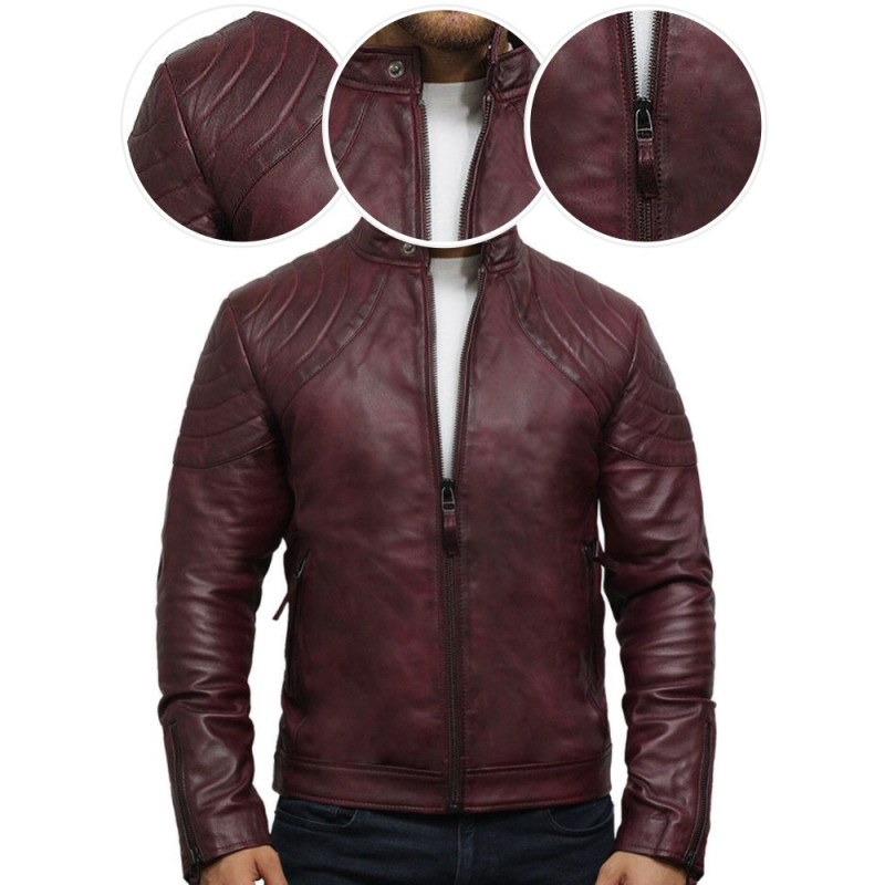 Men's Burgundy Real Waxed Leather Biker Jacket