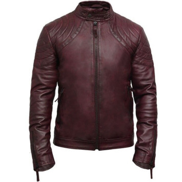 Men's Leather Jacket Waxed Leather Burgundy Leather Biker Jacket