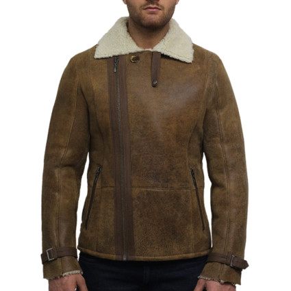  Men's Luxury Double Aviator Rust Brown Real Shearling Sheepskin Leather Flying Jacket Coat - Fay