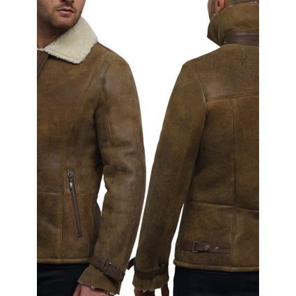  Men's Luxury Double Aviator Rust Brown Real Shearling Sheepskin Leather Flying Jacket Coat - Fay