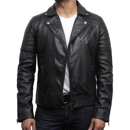 Mens Black Biker Leather Jacket Stylish ziped Brando Look -Grady