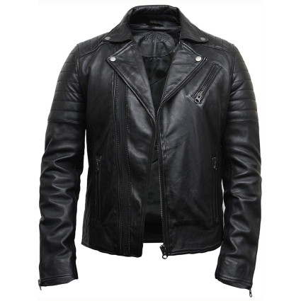 Mens Black Biker Leather Jacket Stylish ziped Brando Look -Grady