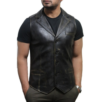 Men's Vintage Black Smart Leather Waistcoat Designer Fit-Ansel