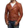 Mens Brown Leather Biker Cross Zip Brando Retro Jacket