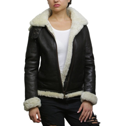 Leather Sheepskin Shearling Jacket Womens | B3 WW2 Aviator Flying Hooded Jacket