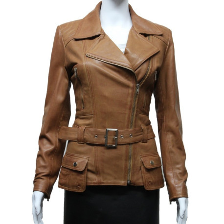 Ladies Women Stylish Olive Leather Biker Jacket-Kate