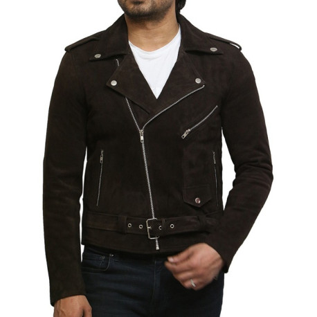 Brandslock Mens Cross Zip Belted Motorcycle Suede Leather Vintage jacket