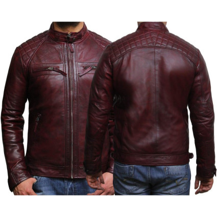 Men's Casual Burgundy Leather Biker Racing Jacket-Arran