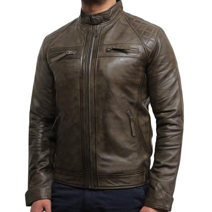 Men's Casual Black Rubb Leather Biker Racing Jacket-Arran